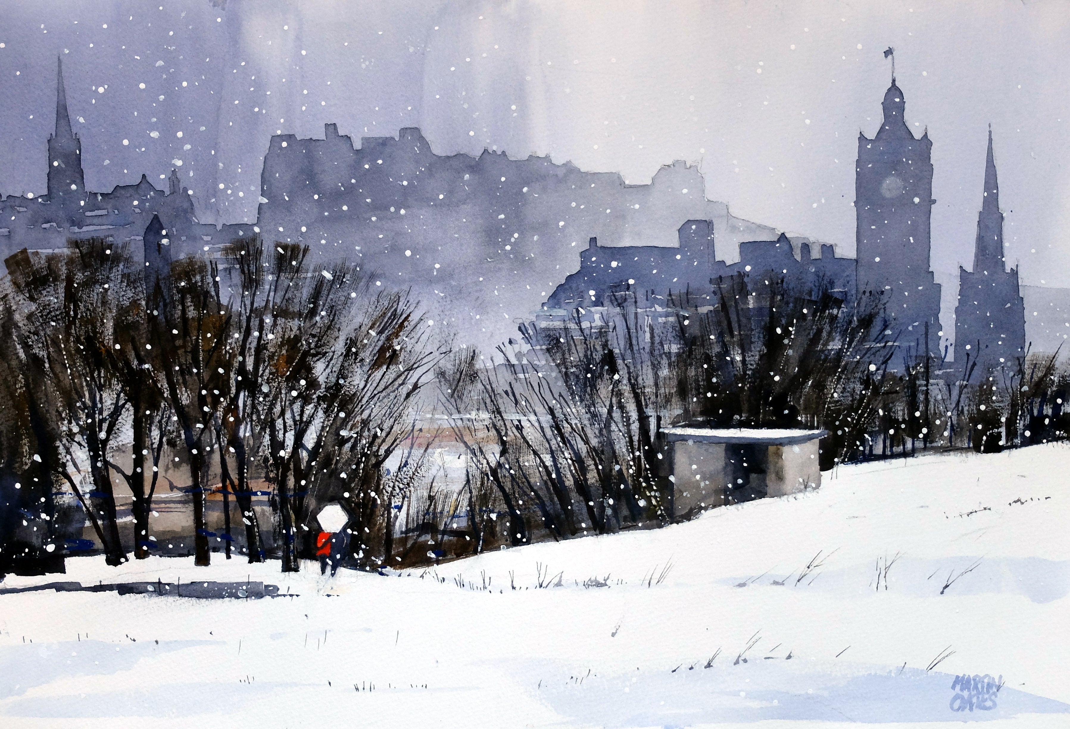 Winter Skyline Edinburgh. Original watercolour by Martin Oates 52x34 cms