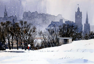 Winter Skyline Edinburgh. Original watercolour by Martin Oates 52x34 cms
