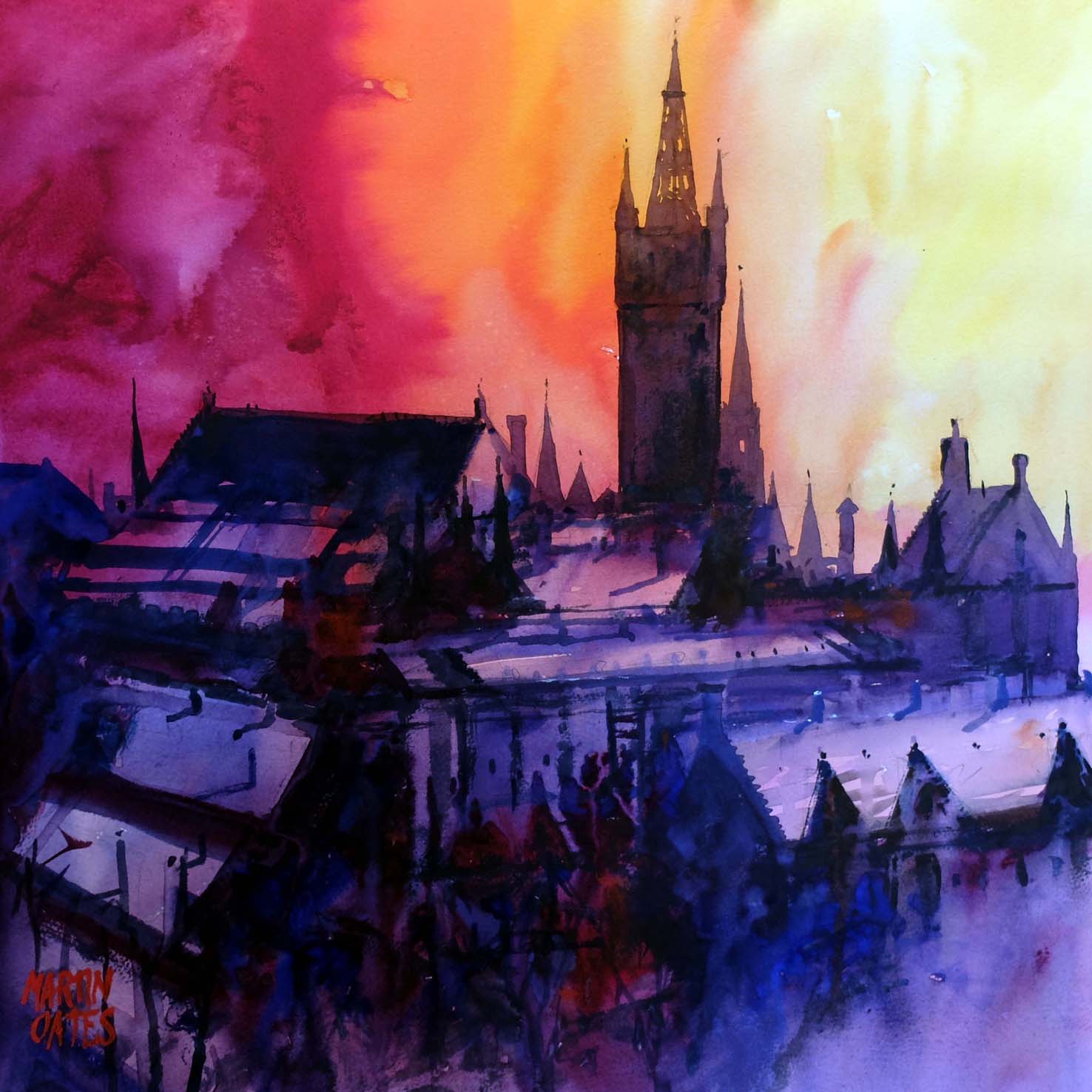 Glasgow University Sunrise . Original watercolour by Martin Oates 48 x 48 cm  P.O.A.