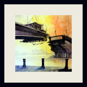 Kingston Bridge Glasgow under construction . Original watercolour  52x52  cm